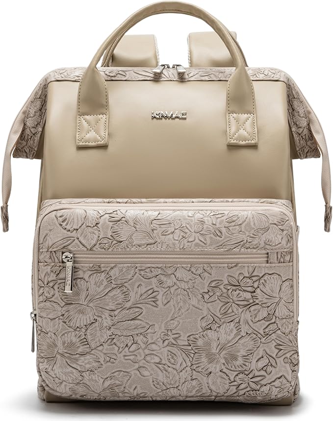 Kinmac Wide Open Style Laptop Backpack for Laptop Up to 15.6 Inch Men Women Travel Outdoor Backpack (Apricot Flower PU)