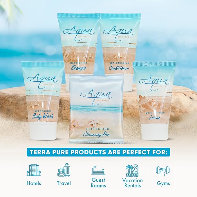 Aqua Organics Hotel Soaps and Toiletries Bulk Set | 1oz Hotel Shampoo & Conditioner, Body Wash, Body Lotion & 1oz Bar Soap Travel Size | 300 Pieces