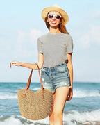 Beach Bags for Women - Straw Bag with Zipper, Soft Woven beach bag, Casual Straw Shoulder Bag for Daily Use