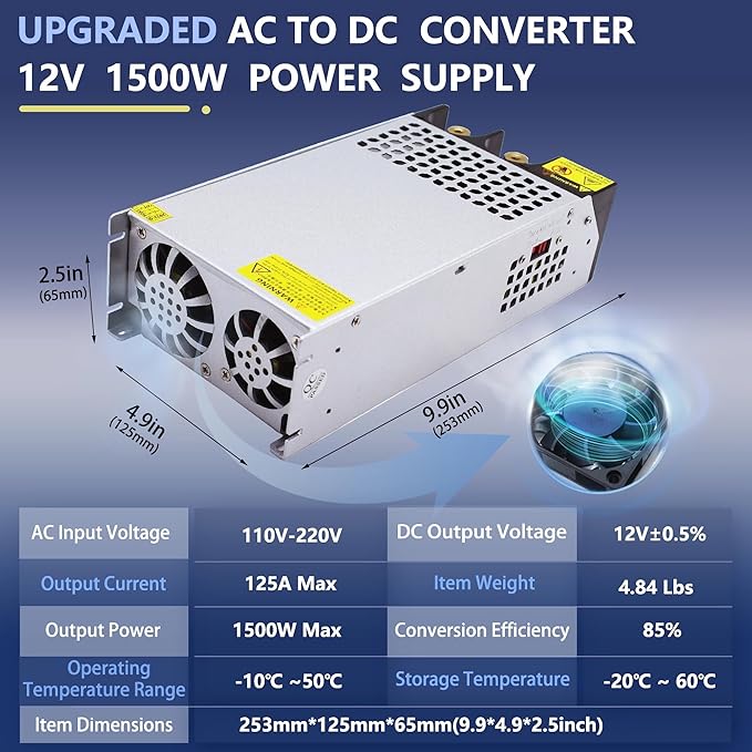 New Upgraded DIY SMPS 110V AC to DC 12V 125A 1500W Power Supply,12V DC Power Supply,110V to 12V Converter Voltage Transformer for Motor Pump CCTV 3D Printer Air Compressor Led (12V-125A-1500W, 12V)