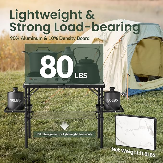 Titanker Folding Camping Table 3ft, Folding Picnic Table, Large Camp Table Portable with Extra Side Racks & Storage Net, Outdoor Patio Table, RV/Car Camping Essentials, Aluminum Light & Solid