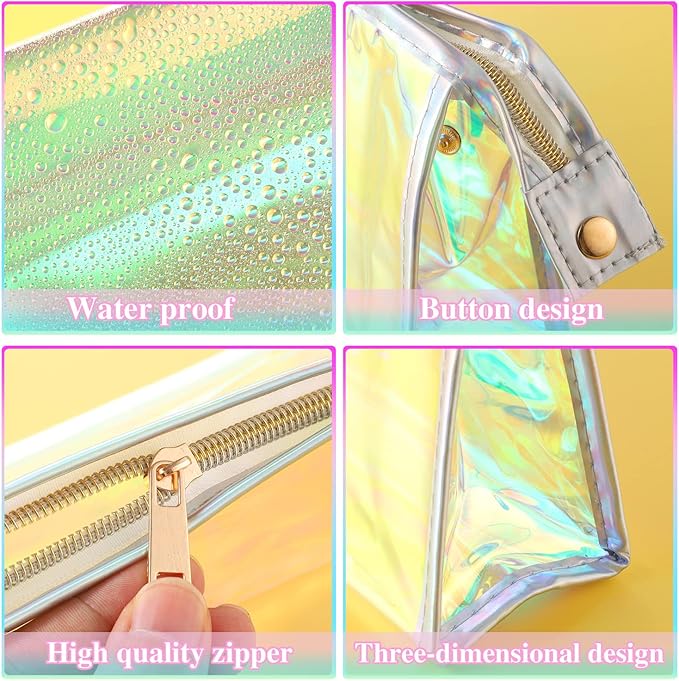 BESARME 10 Pcs Holographic Makeup Bags, Clear PVC Makeup Bag Iridescent Pouch Portable Zippered Toiletry Bag Waterproof Cosmetic Bags Bathroom Vacation Party Favors