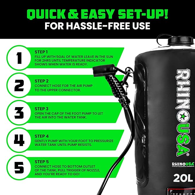 Rhino USA 5 Gal / 20L Portable Solar Camp Shower - Essential for Camping, Festivals, Overlanding, Beach Trips, Outdoor Shower and more!