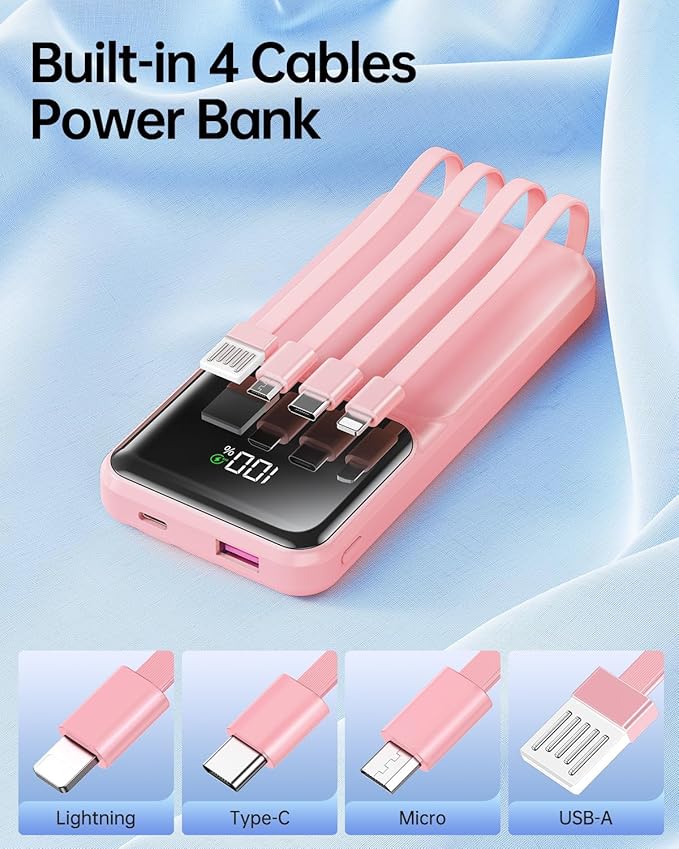 RONEGN Portable Charger with Built in Cable - Power Bank Fast Charging 22.5W USB C 10000mAh LED Display Travel Battery Pack 5 Outputs & 3 Inputs for iPhone Samsung Android iPad Phones Tablets etc