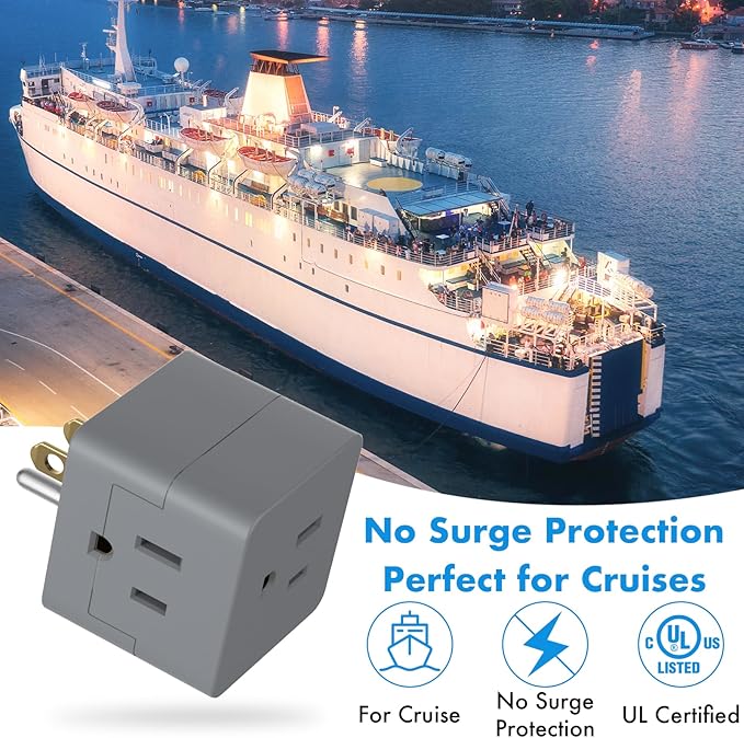 POWERCORDS 3 Power Blocks Outlet Splitter, 3 Pack, Grounded Wall Tap, 3-Prong Plug Adapter AC Multi Plug Wall Outlet, Power Splitter, Cruise Essentials, for Home Office School Dorm, UL Listed,Grey