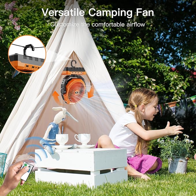 FRIZCOL 3-in-1 Camping Fan - Portable Fans Rechargeable - 24000mAh Battery Powered Fan with Light & Remote for Indoor, Outdoor, Tent, Travel, Fishing, Jobsite, Gifts for Men Dad Him - Orange