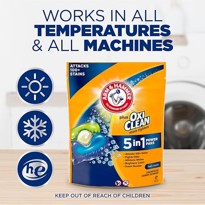 ARM & HAMMER Plus OxiClean Stain Fighters: 5-in-1 Laundry Detergent Power Paks, Fresh Scent, 72 Count