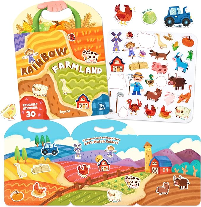 JoyCat Reusable Sticker Book - Animal Stickers for Toddlers, Kids Sticker Activity Book, Travel Toys for Road Trip, Car & Airplane, Educational Learning Gifts for Boys and Girls Ages 3-5 (Farm)