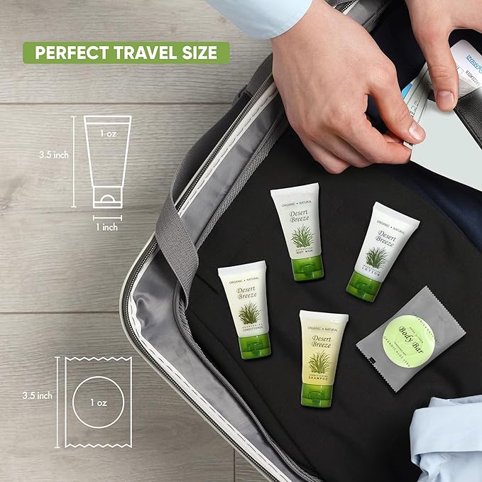 Travel Size Hotel Toiletry Set 300 Count 1 oz Bottles Guest Amenities for Vacation Rentals and Short Term Rentals Paraben Free Green Tea Lemongrass Scent Infused with Aloe and Olive Oil |Desert Breeze
