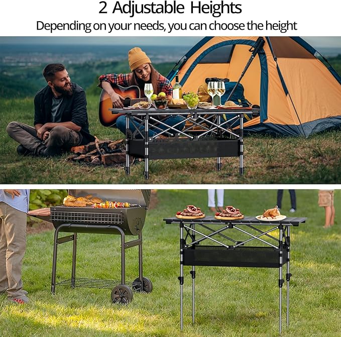 Anbte 3ft Aluminum Roll Top Camping Table, 2 Adjustable Height Camping Table Folding with Storage Net & Bag Lightweight Roll Up Table for Tailgate Outdoor Backyard BBQ Patio Picnic, 32.2” X 16”, Black