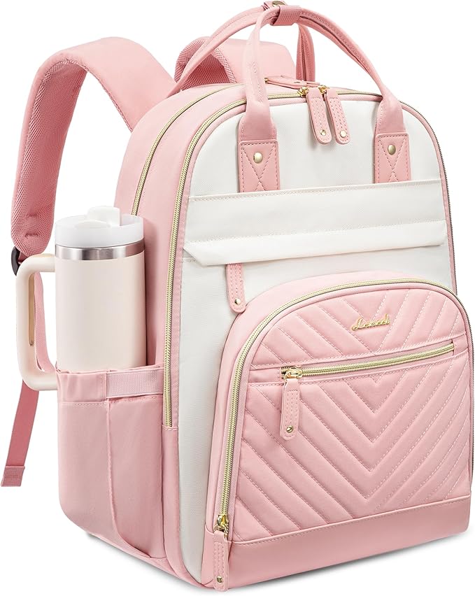 LOVEVOOK Laptop Backpack Women with Giant Tumbler Holder,17.3 inch Waterproof Work Travel Backpack Computer Laptop Bag,Cute College Nurse Teacher Backpack Purse,Gifts for Women & Men,Beige-Pink-Pink