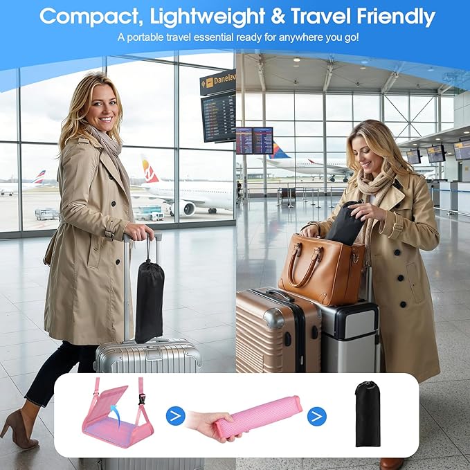 ExploreBliss Airplane Foot Rest - Lightweight Foot Hammock for Plane Travel with Adjustable Strap & Thick Board, Tray Table Under Desk Footrest to Relax Feet, Travel Essentials for Long Flights(Pink)