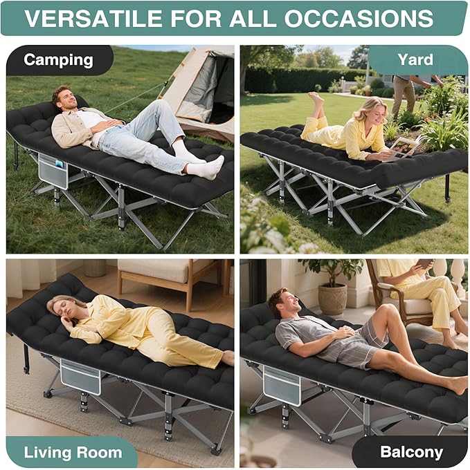 ZENPETIO Oversized XXL Folding Camping Cot, Heavy Duty Sleeping Cot for Adults with Mattress and Pillow, Portable Cot Bed with Carry Bag for Outdoor Camp Travel Home Guest Office, Gray Black
