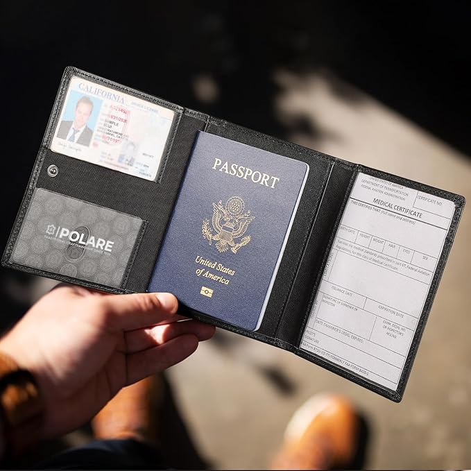 Polare Napa Leather Pilot Wallet Passport Holder RFID Blocking Tri-fold Travel Cover Document Organizer for Aviation Professionals (Black)