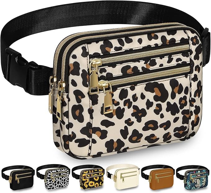 Capolo Fanny Packs for Women Fashion Waist Packs Bag with Adjustable Strap and 4 Zipper Pockets Waterproof Everywhere Crossbody Belt Bag for Workout Running Travelling(Leopard)