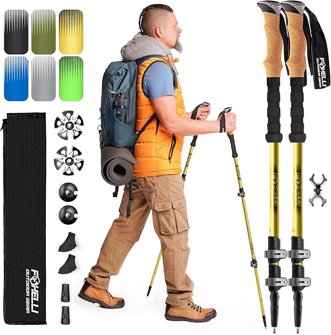 Foxelli Trekking Poles – Lightweight Collapsible Aircraft Grade Aluminum Hiking Poles with Cork Grips Quick Locks & All-Terrain Accessories – Pair of 2