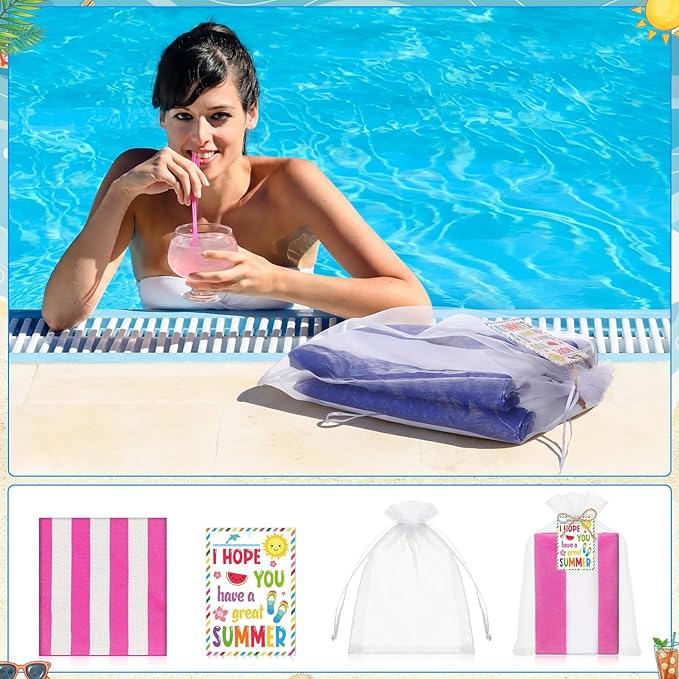 Hahafelt 12 Sets Striped Beach Towels Summer Gift Set 30" x 60" with Cards Organza Bags & Jute Rope, Quick Dry Large Pool Bath Towels Multi-Color for Summer Beach Gifts Swimming Pool Travel Hotel