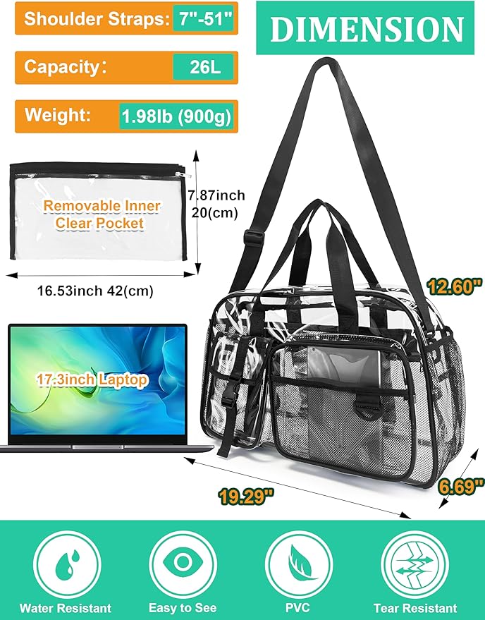 Large Clear Tote Bag 20” for Duffle with 10 Pockets, Clear Beach Gym Crossbody Bag, Big Transparent See Through Bags for Travel Work