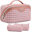 BOYATU Travel Makeup Bag Cosmetic Bags for Women: Large Capacity 3 Pcs Set Make up Bag with Compartments - Waterproof Vegan Leather Toiletry Organizer Bags with Handle (M-79Pink)