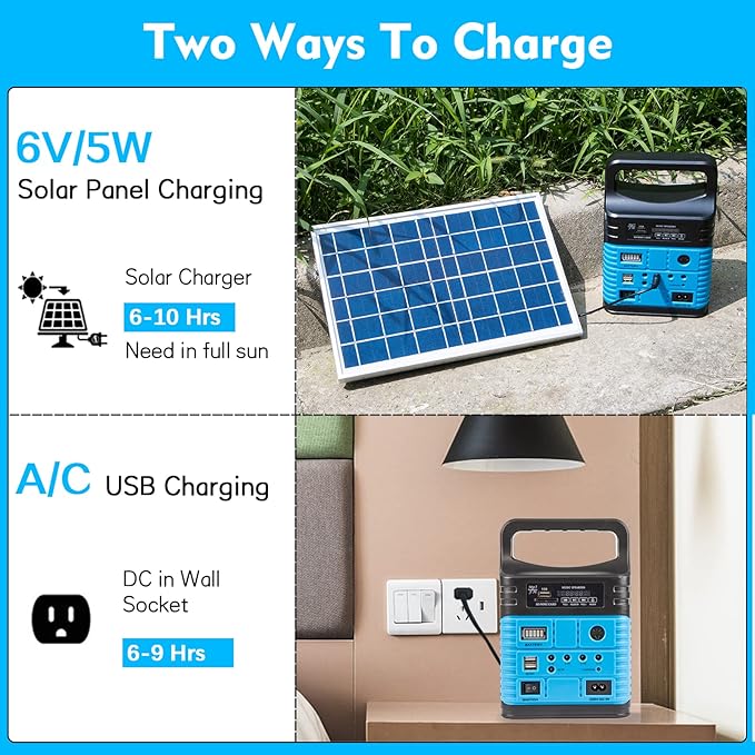 Portable Power Station,Solar Generator with Panels included,LiFePO4 Battery Pack Small Solar Powered Generator with DC/USB Outlets,LED Flashlight for Home Use,Outdoor Camping Quiet(Blue)