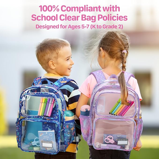 Bagseri 3pcs Clear Backpack for Girls - 15 Inch School Bag Set with Lunch Box and Pencil Case, Heavy Duty Transparent Bookbag for Kindergarten to Grade 2, Purple Mermaid