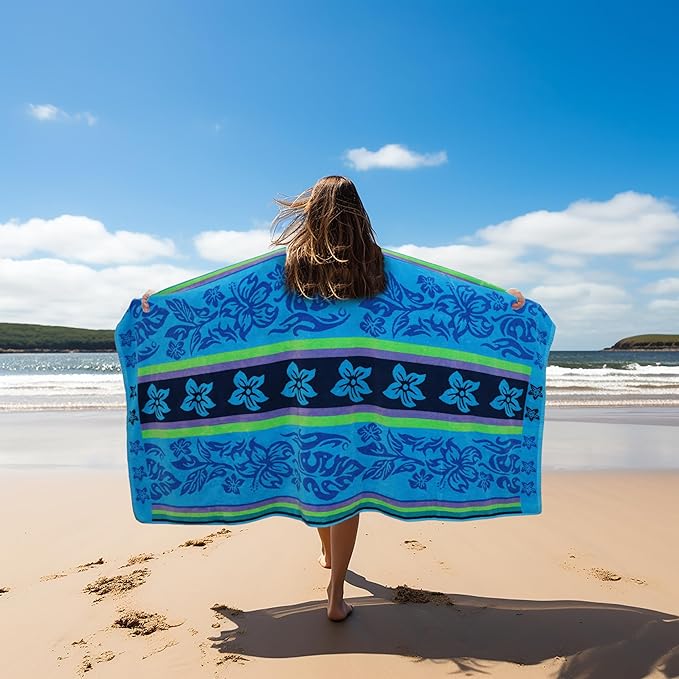 COTTON CRAFT Oversized Beach Towel - 2 Pack XL 39 x 68 inches Big & Huge Beach Blanket Towel - 100% Cotton Jacquard Velour - Super Soft Luxury - Pool Picnic Bath - Tropical Hibiscus Aqua Blue Purple