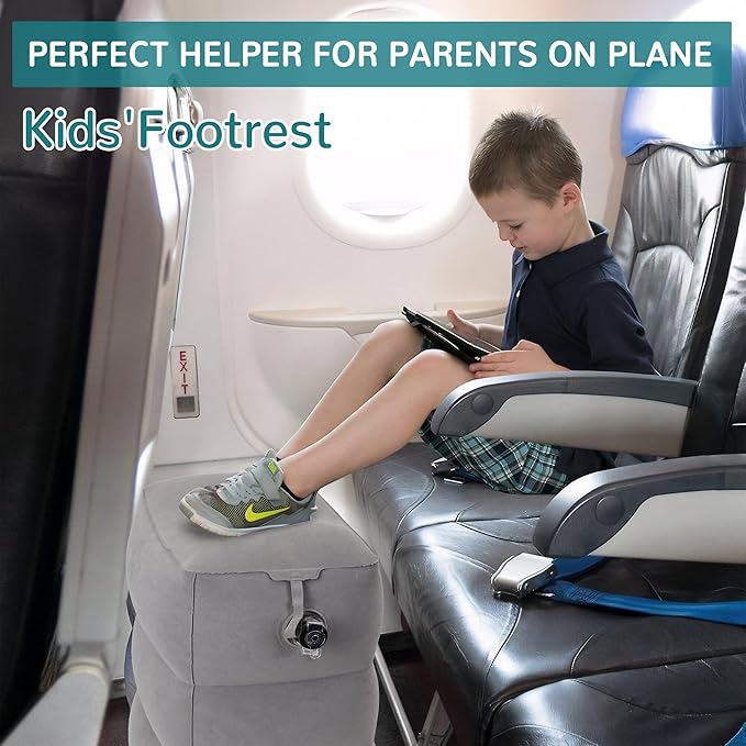 Inflatable Travel Foot Rest Pillow, Adjustable 3 Layers Height Leg Rest Pillow, Kids Airplane Bed, Adults Travel Essentials on Plane, Trains, Cars, Office, Home (Grey, 2 PC)