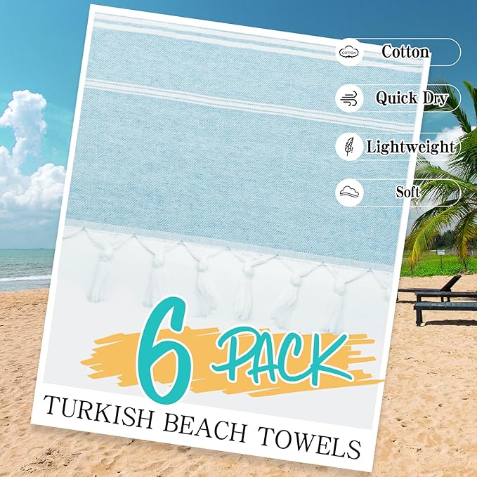 Eliamo Turkish Beach Towel Set of 6 Beach Towels Cotton Quick Dry Sand Free 36 x 71 inch Turkish Towel Oversized Lightweight Beach Towels Blue