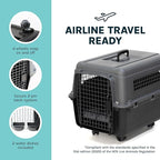 SportPet Airline Compliant MEDIUM 26.5" Travel Dog Kennel-Durable Plastic Airline Pet Carrier w/ Removable Wheels & Food Bowls, Collapsible Indoor/Outdoor Dog Kennel, Dogs up to 23"L & 15"H-Dark Gray
