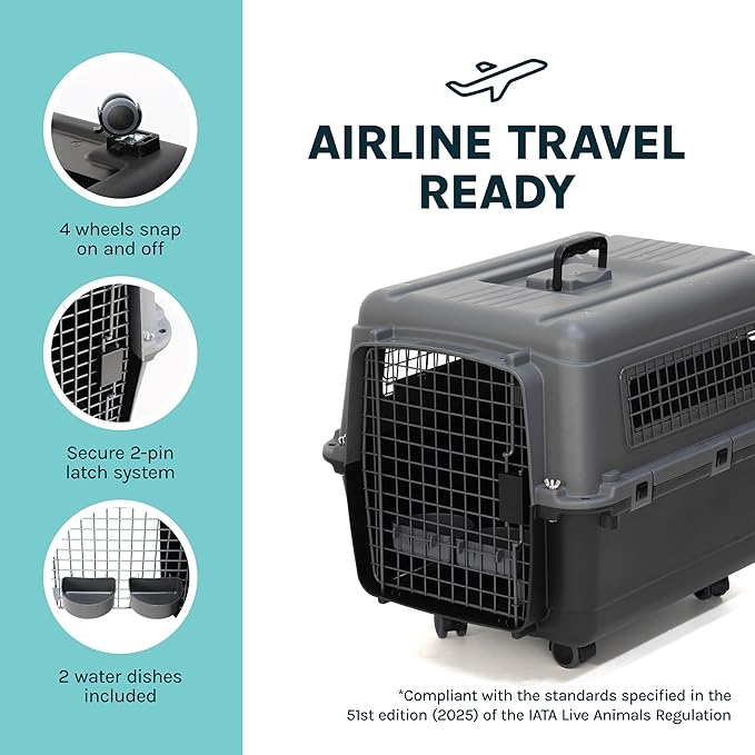 SportPet Airline Compliant MEDIUM 26.5" Travel Dog Kennel-Durable Plastic Airline Pet Carrier w/ Removable Wheels & Food Bowls, Collapsible Indoor/Outdoor Dog Kennel, Dogs up to 23"L & 15"H-Dark Gray