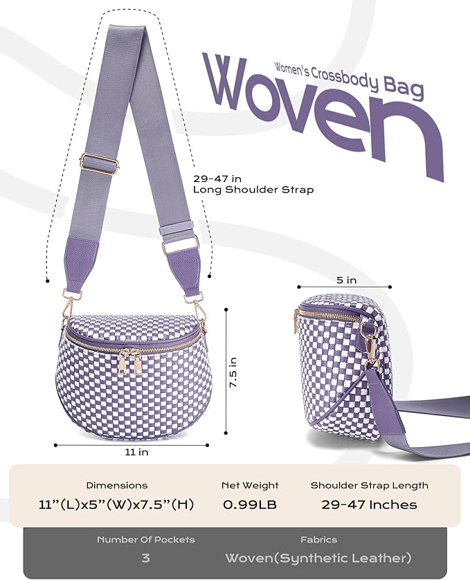 Trendy Woven Checkered Crossbody Bum Bag for Women，PU Leather Checkered Purse Fanny Packs Belt Bag (Woven Bum Bag - Cloudy Purple White)
