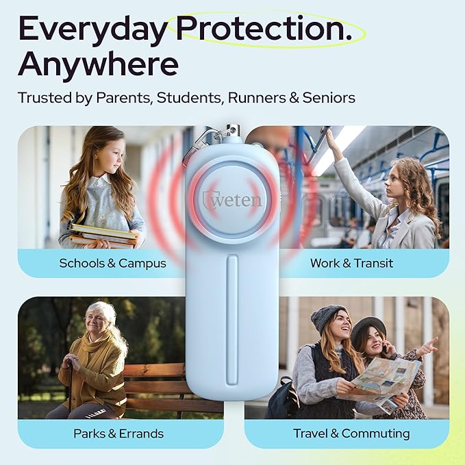 Personal Safety Alarm Keychain for Women - 130dB Siren, LED Light, Panic Pin – Self-Defense Device and Emergency Whistle Alternative for College, Travel, and Night Walk Protection by Weten (Blue)