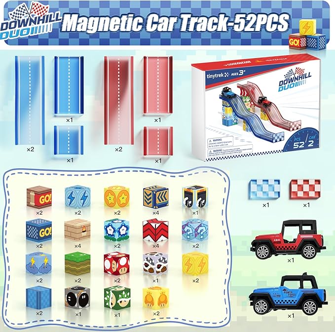 Magnetic Tiles Race Track Set, 52PCS STEM Educational Magnetic Building Blocks with 2 Race Cars, Montessori Sensory Travel Toys for Kids 3 4 5 6 7 8, Birthday for Boys & Girls