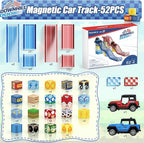 Magnetic Tiles Race Track Set, 52PCS STEM Educational Magnetic Building Blocks with 2 Race Cars, Montessori Sensory Travel Toys for Kids 3 4 5 6 7 8, Birthday for Boys & Girls