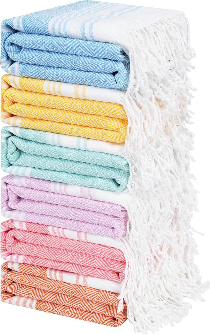 Genovega 6 Packs Oversized Turkish Beach Towel 74"x38" Thin Quick Dry Sand Free Pool Swim Towels Large XL Adult Clearance Blanket Travel Vacation Accessories Essentials Multi LightBlue Rhombus