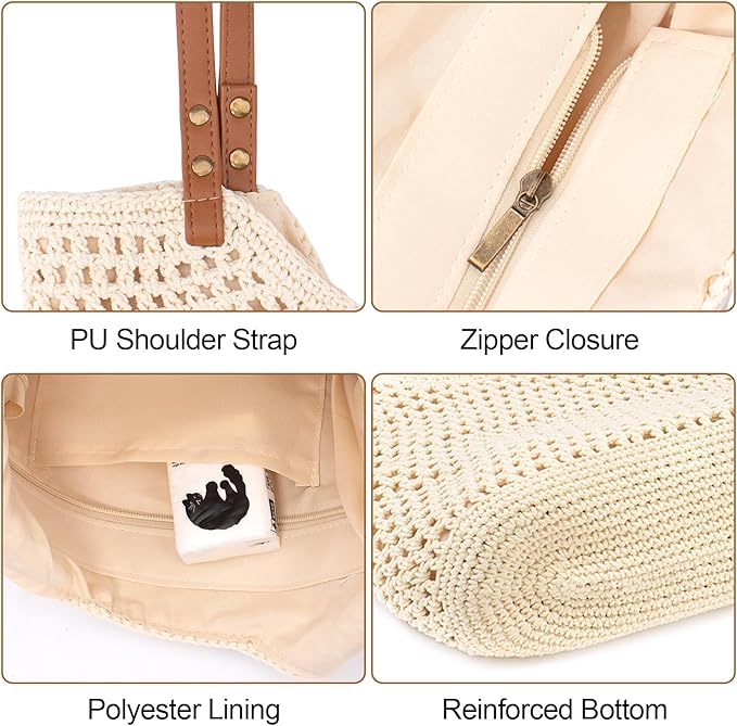 Peicees Crochet Beach Bag Purse, Boho Woven Tote with Leak-Proof Lining For Summer Vacation Travel Casual Shoulder Bag Soft