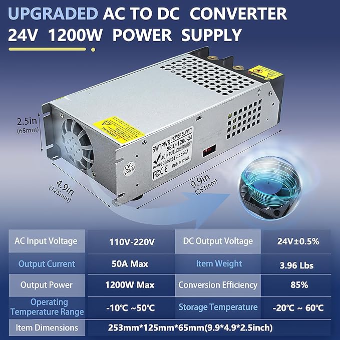 New Upgraded DIY SMPS 110V AC to DC 24V 50A 1200W Power Supply, 24v Power Supply,110v to 24V Converter Voltage Transformer for Motor Pump CCTV 3D Printer Air Compressor Led (24V-50Amp-1200W, 24V)