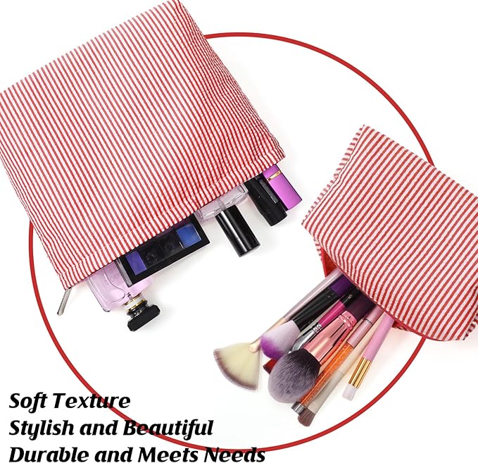 Huhumy 2 Pcs Makeup Bag Set Cute Cosmetic Pouch for Women Seersucker Travel Toiletry Bag Preppy Small Makeup Purse Pouch Aesthetic Skincare Brushes Storage Organizer for Valentine Women(Red)