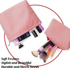 Huhumy 2 Pcs Makeup Bag Set Cute Cosmetic Pouch for Women Seersucker Travel Toiletry Bag Preppy Small Makeup Purse Pouch Aesthetic Skincare Brushes Storage Organizer for Valentine Women(Red)