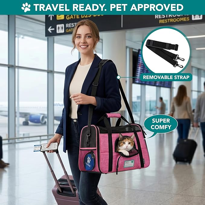 PetAmi Airline Approved Pet Carrier for Cats & Small Dogs, Soft Sided TSA Travel Carrier Bag Sherpa Bed, Breathable Mesh Ventilation, Collapsible Bowl, Fit Under Seat, Up to 18 lbs, Large Heather Pink