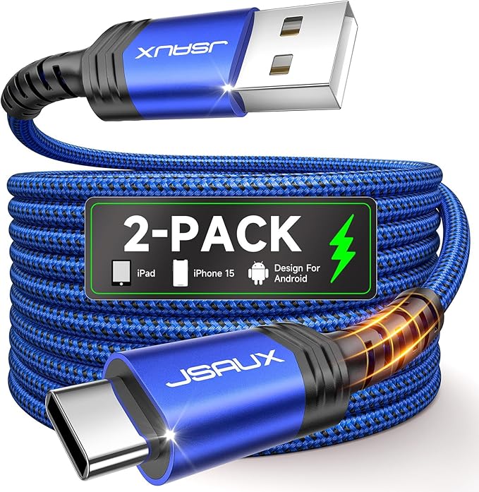 JSAUX USB C Cable [2-Pack 10ft], USB A to USB C Charger Cord 3.1A Fast Charging Compatible with iPhone 15/15 Plus/15 Pro/15 Pro Max, Samsung Galaxy S20 S10 S9, Note 20 10, Car Play, LG G8 G7 V30-Blue