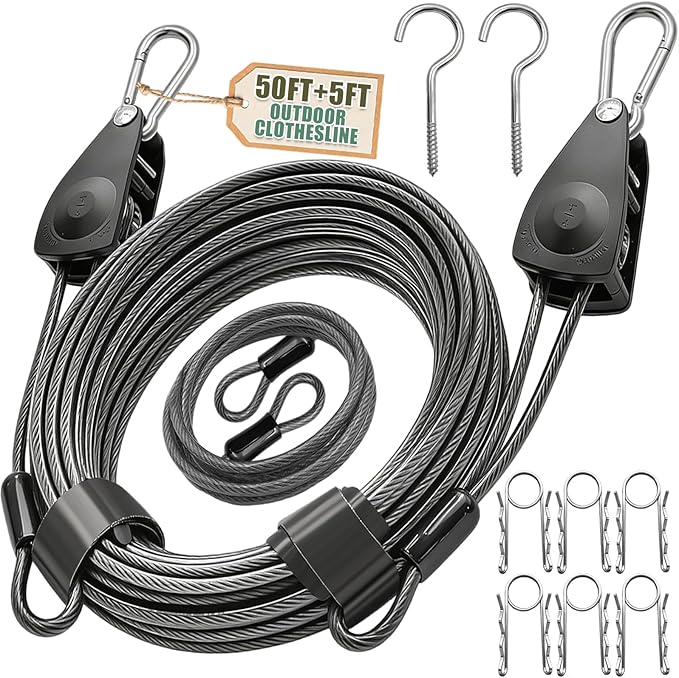 NAZOU Outdoor Retractable Clothesline, 3/16" 50ft+5ft Heavy Duty Coated Steel Wire Rope Clothes Line with Windproof Clamps, Portable Drying Line for Travel, Camping, Laundry, and Use