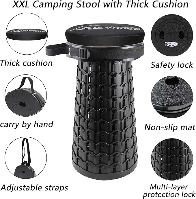 ALEVMOOM Upgraded Collapsible Stool with Cushion,600LBS Max Weight,18.1" Height Adjustable,Sturdy Portable Telescoping Stool,Folding Camping Stool for Outdoor Hiking Travel