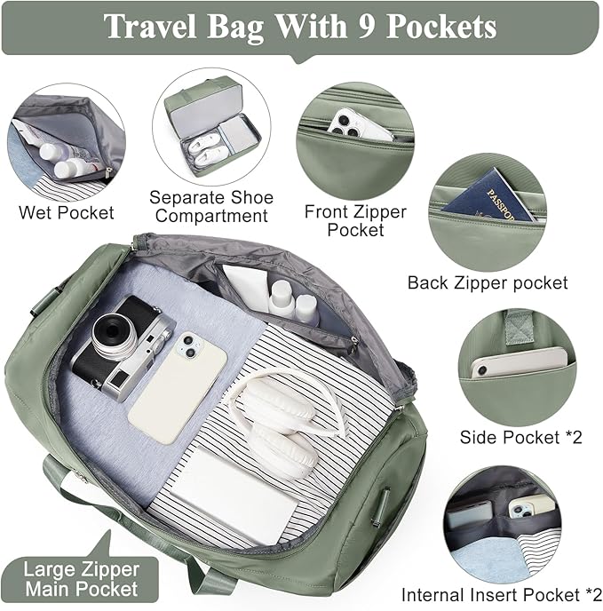 Travel Duffel Bag for Women, Carry-on Overnight Weekender Bags with Wet Pocket & Toiletry Bag, For Spirit Airlines 18x14x8 Personal Item Bag,3 Pcs Set,Small,Olive Green