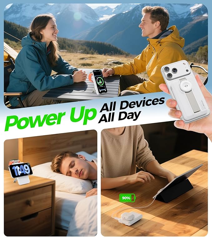 Magnetic Portable Charger, 10000mAh MagSafe Power Bank Fast Charging with Stand, 3 in 1 Travel Essential Wireless Charger Station for iPhone 17/16/15/14/13/12, Apple Watch, Airpods, White