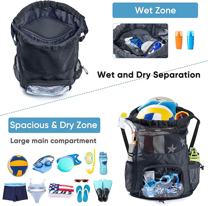 Mesh Drawstring Backpack with Shoe Compartment, Sandproof Beach Swim Bag with Wet Pocket, Pool Gym Shower Bag for Travel Summer Camp