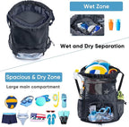 Mesh Drawstring Backpack with Shoe Compartment, Sandproof Beach Swim Bag with Wet Pocket, Pool Gym Shower Bag for Travel Summer Camp