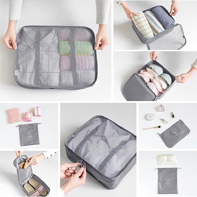 LANSKLBD 8 Set Packing Cubes for Suitcases Travel Luggage Packing Organizers,Travel Essentials Accessories Luggage Organizer with Shoe Bag Tioletry/Laundry Bag（Grey）