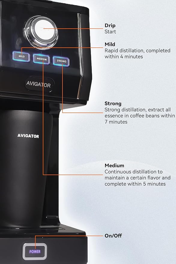 Single Serve Coffee Maker with 11oz. Travel Coffee Mug Stainless Steel, Brew Strenth Adjustable, Permanent Filter, Black