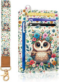 Yonlevres Owl Credit Card Holder Slim Wallet, RFID Wallet Women Front Pocket Wristlet Lanyard, Small Card Holder Travel Funny Cute Thin Card Case ID Window PU Leather Card Organizer Gifts Girls